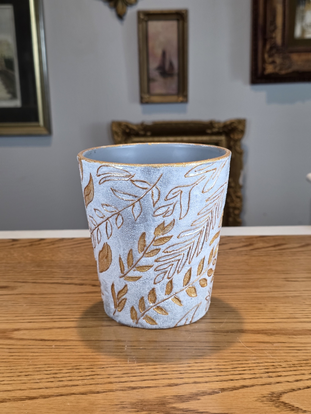 Handcrafted Silver Gold Botanical Planter Vase - 5.5" Leaf Textured Ceramic Pot